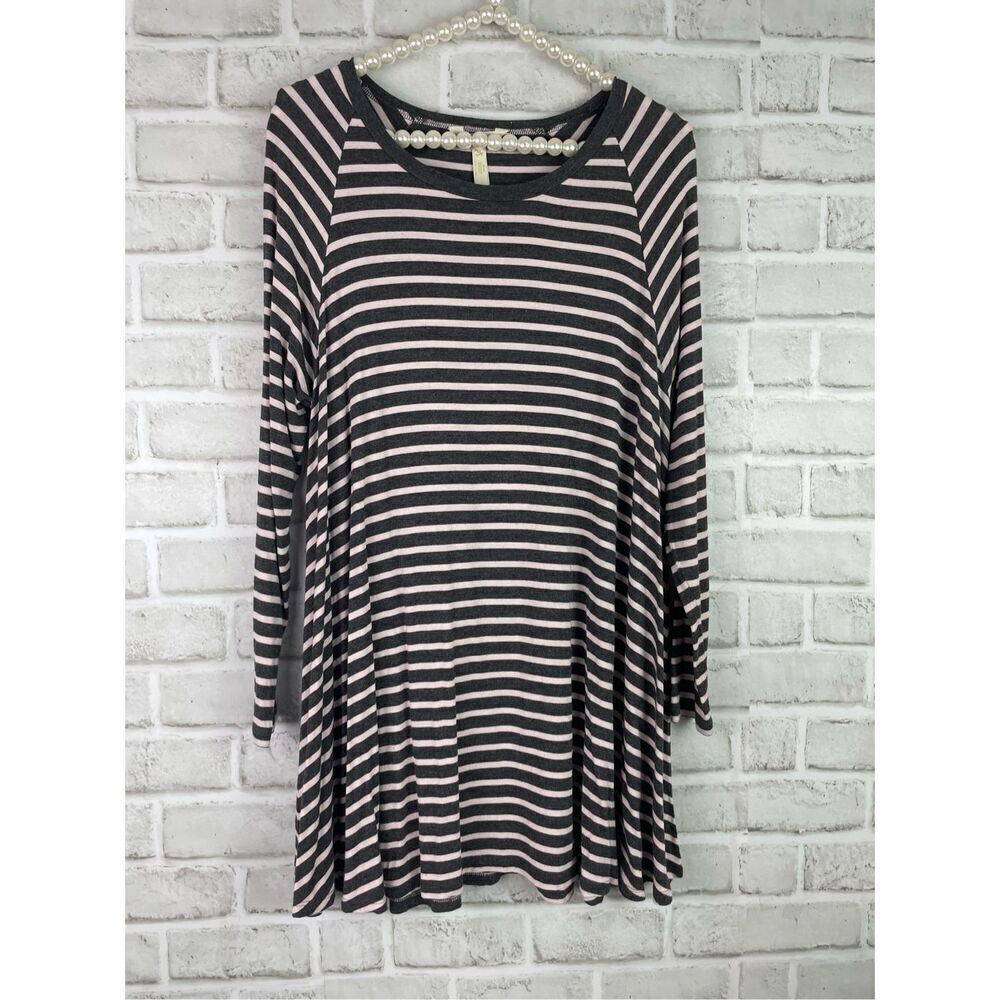 Matilda Jane Top Womens Medium Gray Pink Tunic Stripe Swing Long Sleeve Stretch